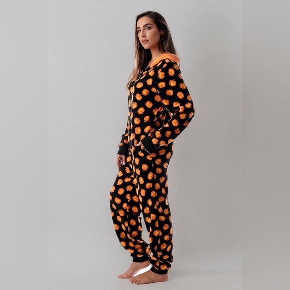 Adult Onesie Pumpkin Pajamas w/ Hood, Large - Picture 1 of 6